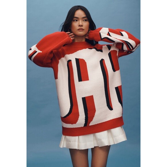 Anthropologie Maeve Sweater Oversize Red Graphic Monogram Comfy Boho Sz XXS NWT - Picture 3 of 13